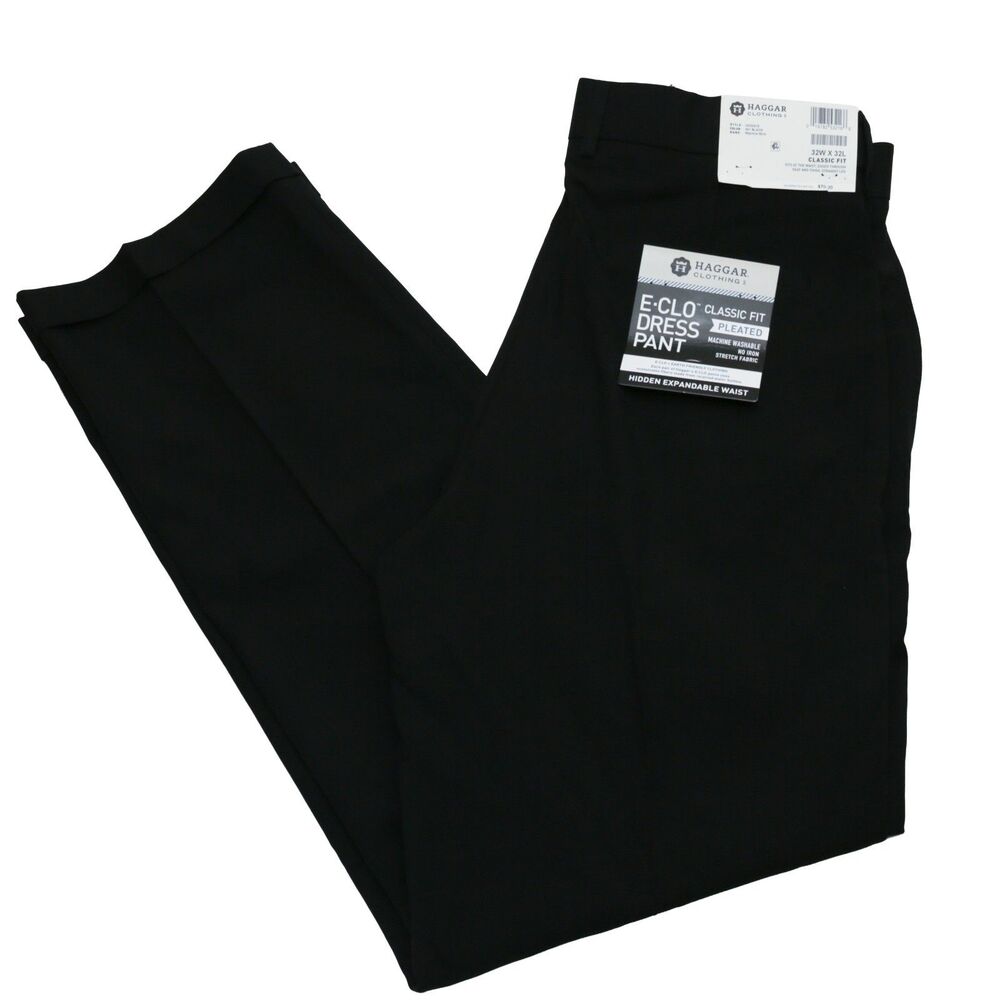 Haggar E-CLO Stria Dress Pants 32x32 Black Classic Fit Pleated Hidden Waist